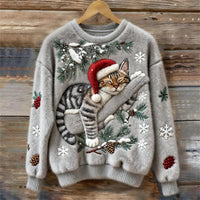Muriel | Women's Festive Cat Print Sweater in Gray