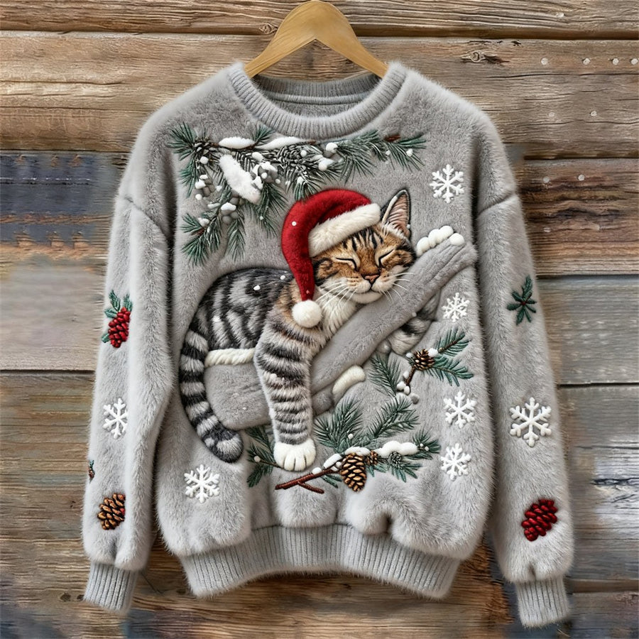 Muriel | Women's Festive Cat Print Sweater in Gray