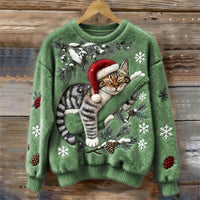 Muriel | Women's Festive Cat Print Sweater in Green