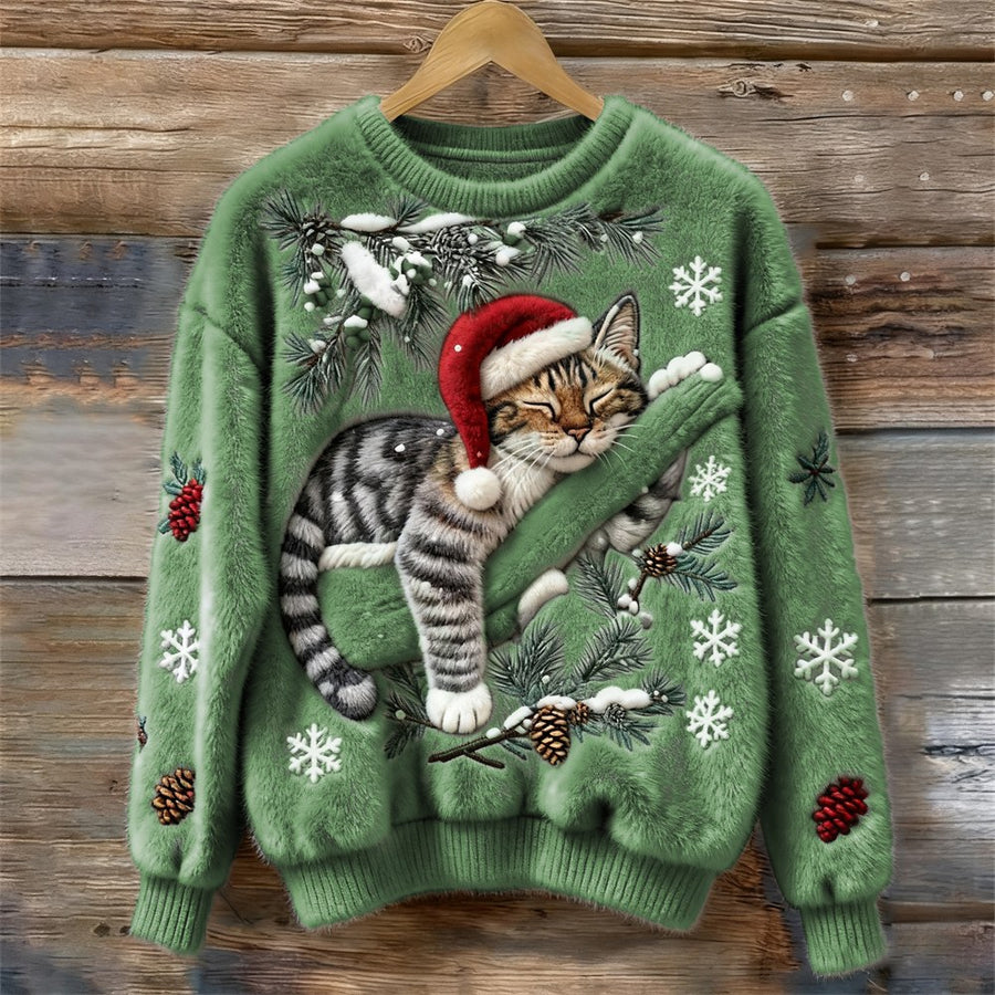Muriel | Women's Festive Cat Print Sweater in Green