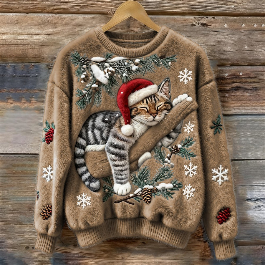 Muriel | Women's Festive Cat Print Sweater in Khaki