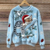 Muriel | Women's Festive Cat Print Sweater in Light Blue