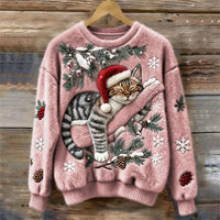 Muriel | Women's Festive Cat Print Sweater in Pink