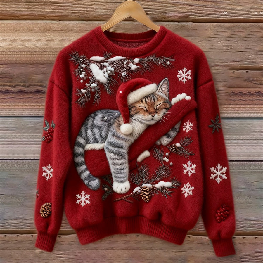 Muriel | Women's Festive Cat Print Sweater in Red