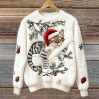 Muriel | Women's Festive Cat Print Sweater in White