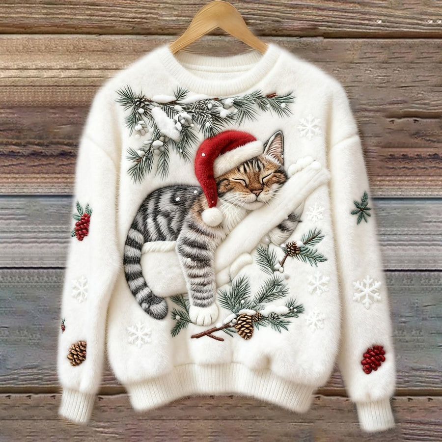 Muriel | Women's Festive Cat Print Sweater in White