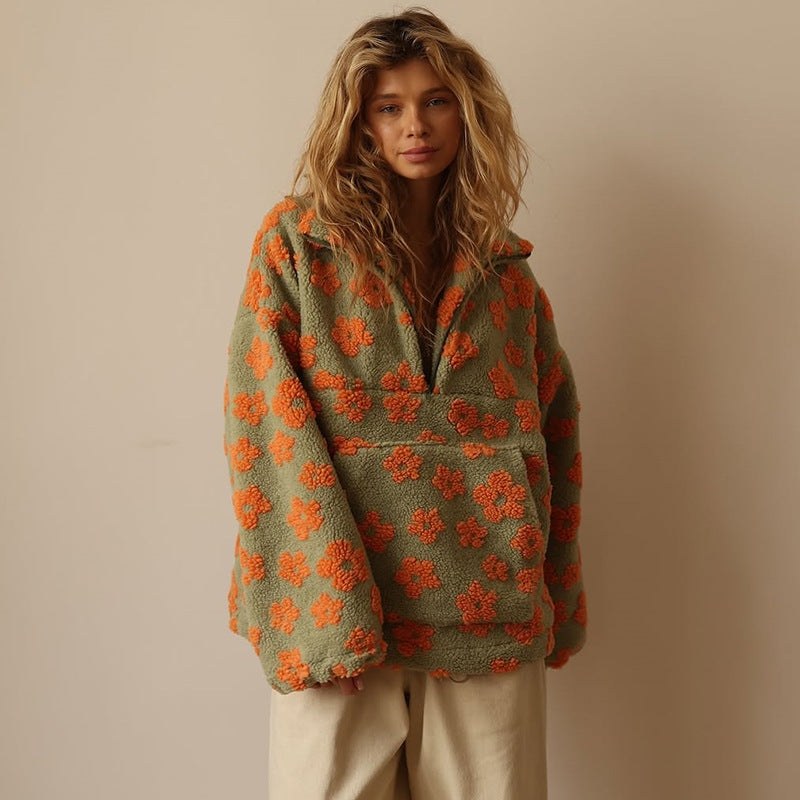 Myra | Women's Floral Quarter Zip Sweater in Orange