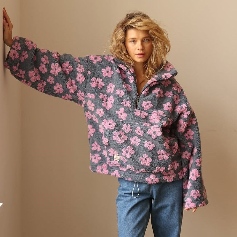 Myra | Women's Floral Quarter Zip Sweater in Pink