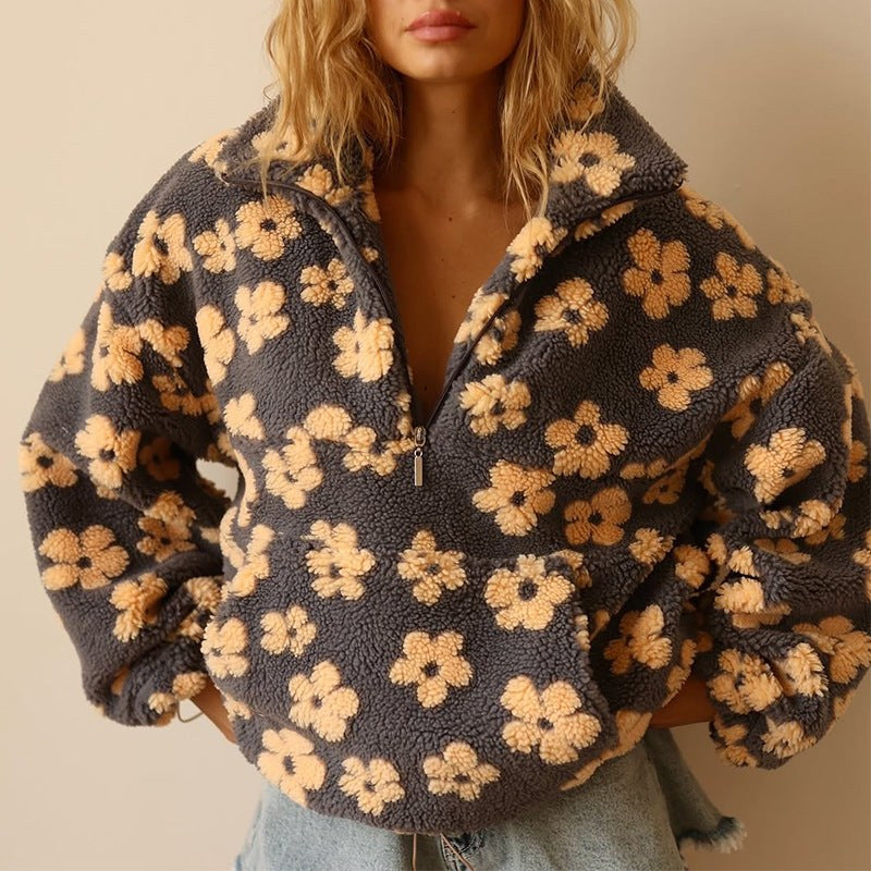 Myra | Women's Floral Quarter Zip Sweater in Yellow