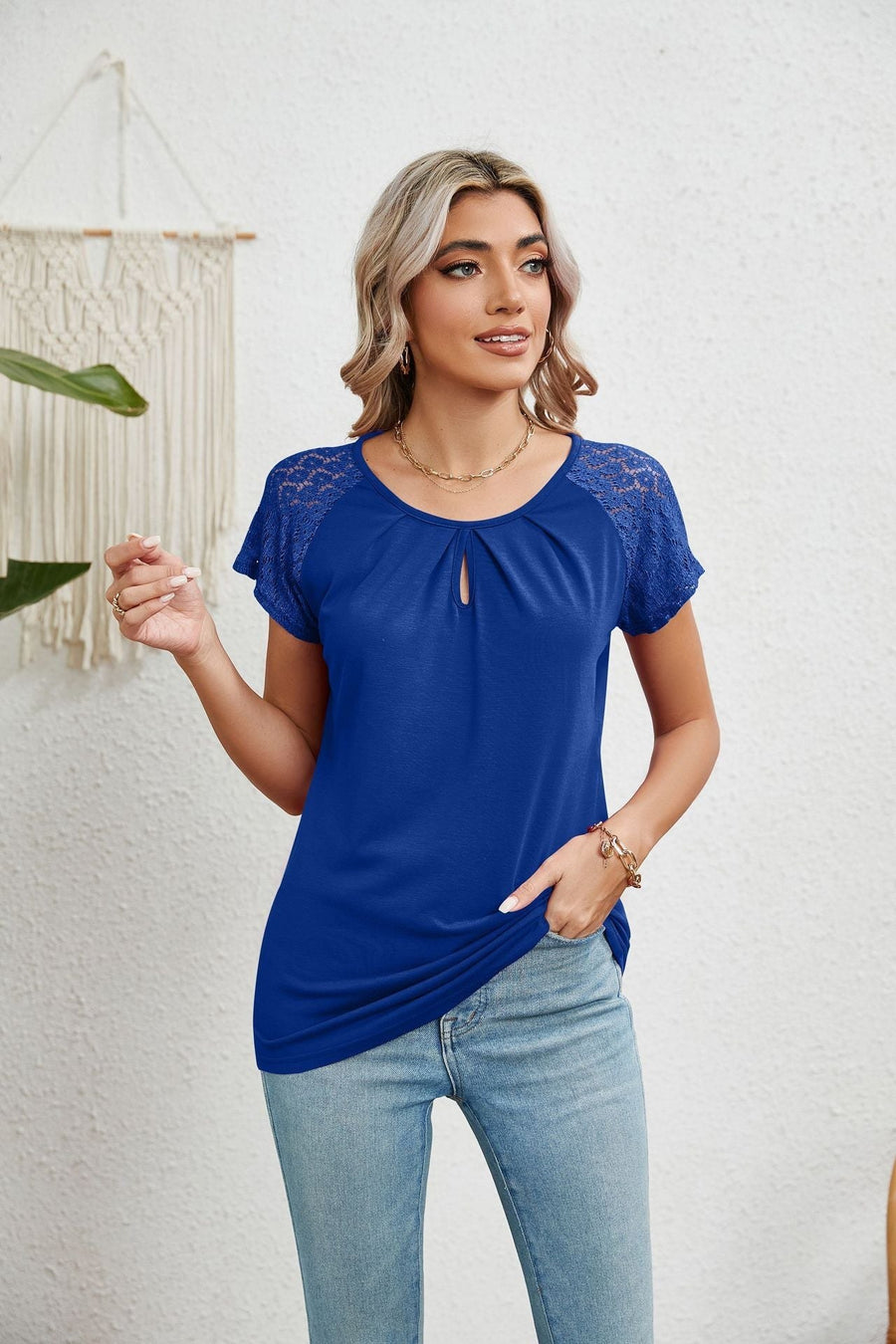 Nadine | Women's Short Sleeve Lace Blouse in Blue