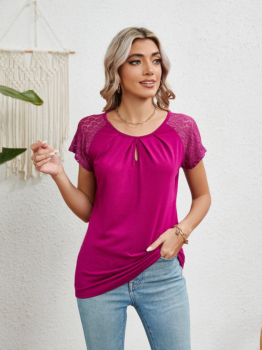 Nadine | Women's Short Sleeve Lace Blouse in Fuchsia