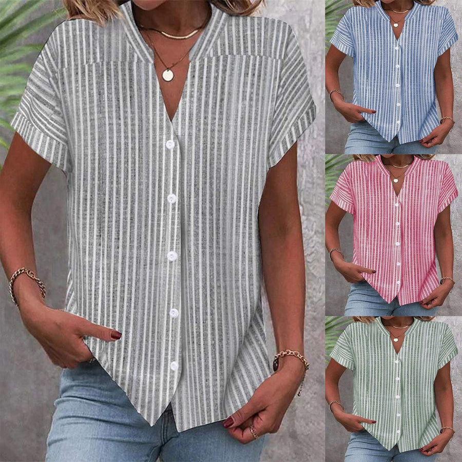 Nancy | Women's V-Neck Striped Short Sleeve Blouse