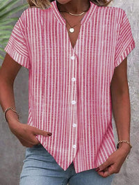 Nancy | Women's V-Neck Striped Short Sleeve Blouse in Red