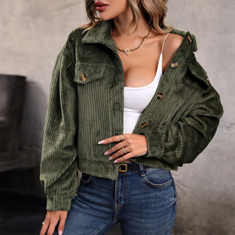 Natanya | Women's Button-Front Pockets Corduroy Fashionable Jacket in Olive Green