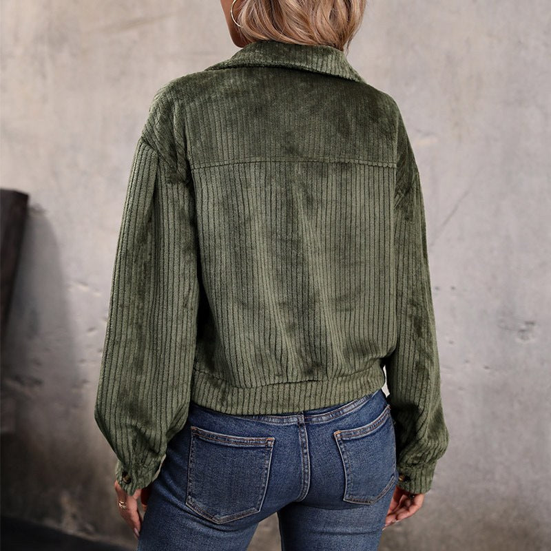 Natanya | Women's Button-Front Pockets Corduroy Fashionable Jacket in Olive Green