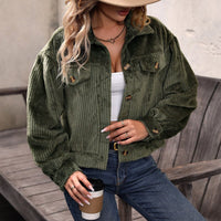 Natanya | Women's Button-Front Pockets Corduroy Fashionable Jacket in Olive Green