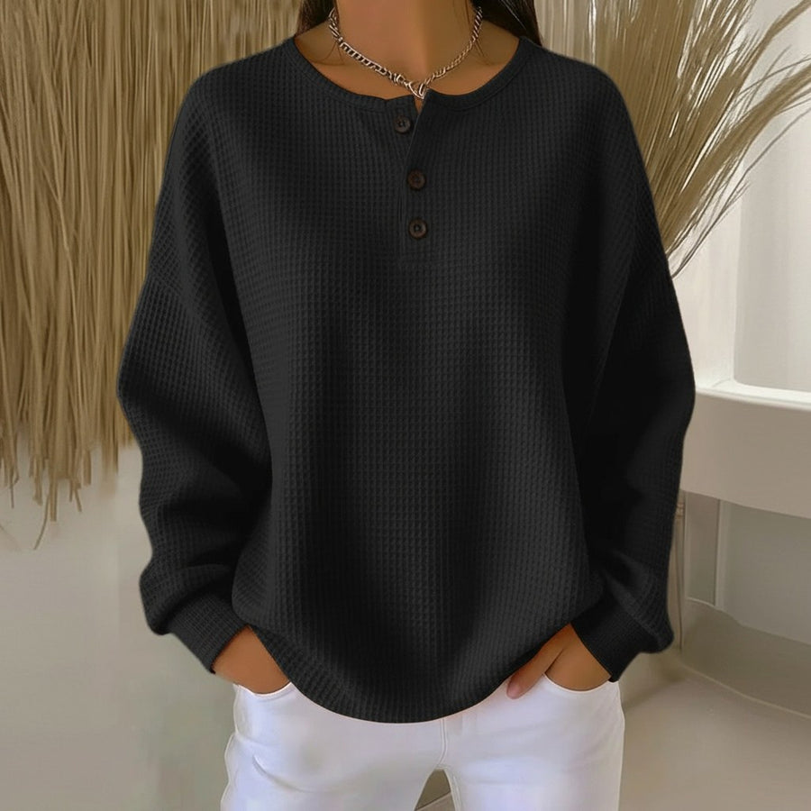 Nerissa | Women's Waffle Knit Button Front Sweatshirt in Black