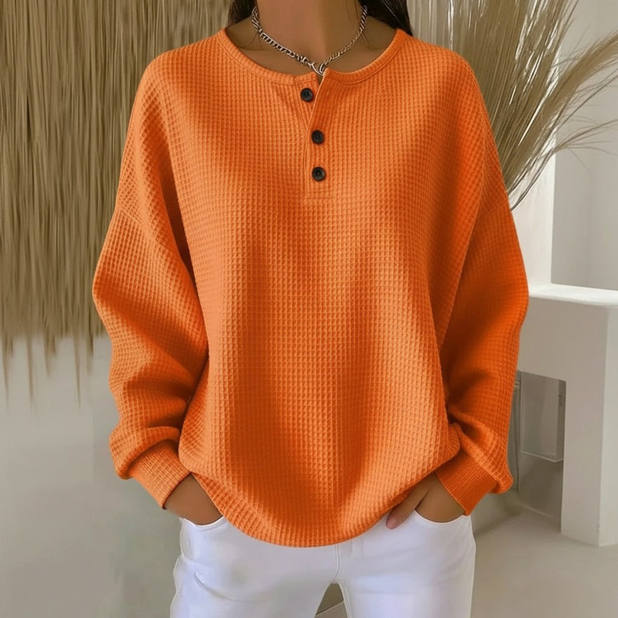 Nerissa | Women's Waffle Knit Button Front Sweatshirt in Orange
