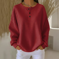 Nerissa | Women's Waffle Knit Button Front Sweatshirt in Red
