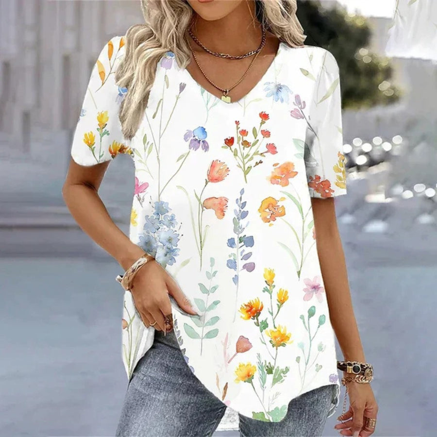 Nessa | Women's V-Neck Printed Design T-Shirt in Beige