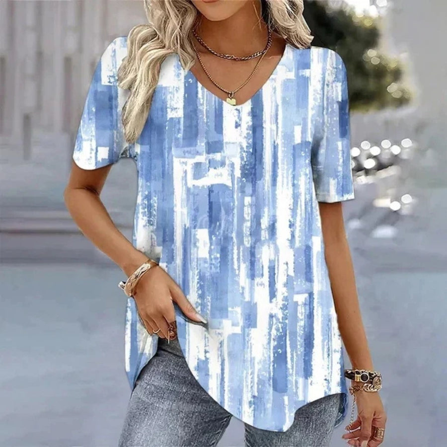 Nessa | Women's V-Neck Printed Design T-Shirt in Blue