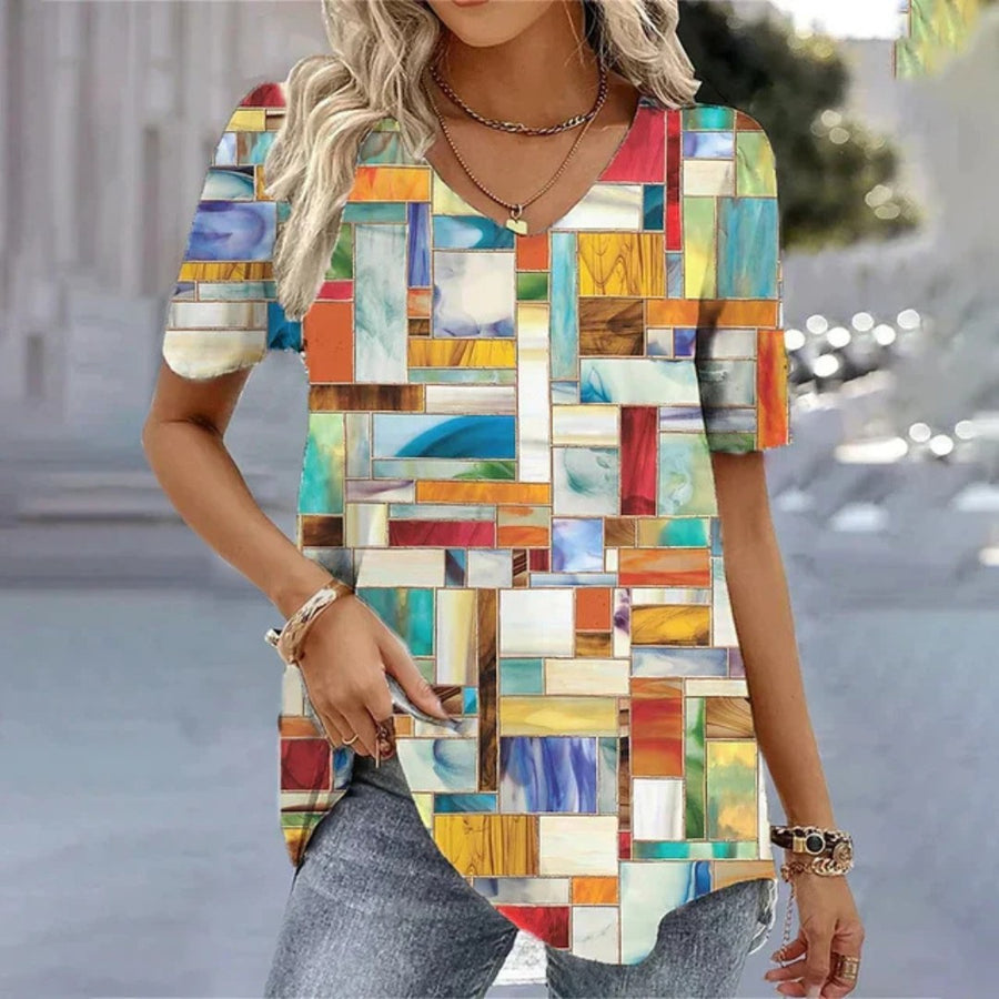 Nessa | Women's V-Neck Printed Design T-Shirt in Orange