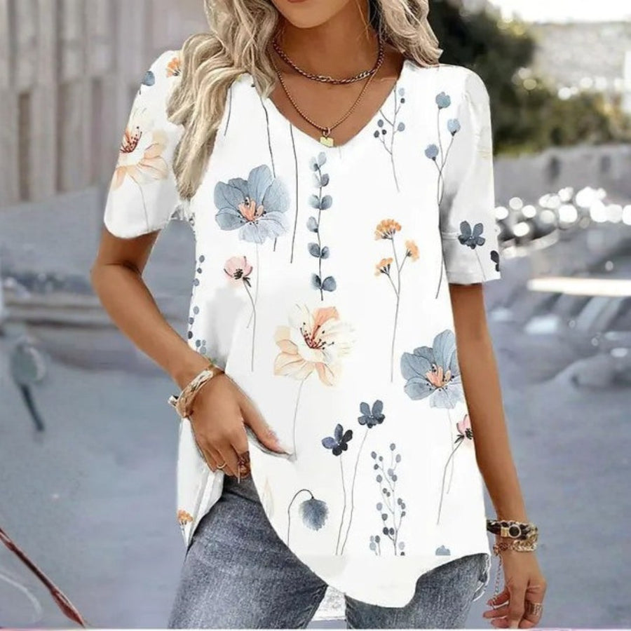 Nessa | Women's V-Neck Printed Design T-Shirt in White