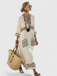 Nicoletta | Women's V-Neck Striped Kaftan Maxi Sundress in Beige A