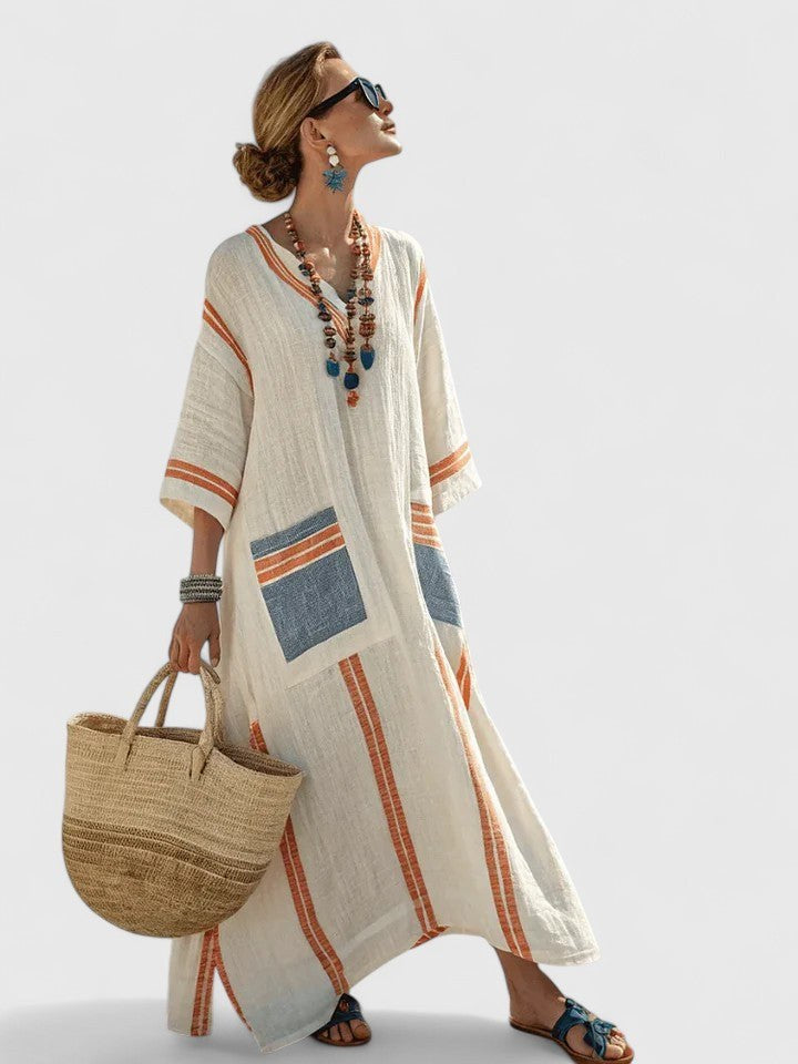 Nicoletta | Women's V-Neck Striped Kaftan Maxi Sundress in Beige B