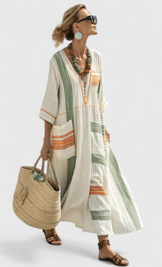 Nicoletta | Women's V-Neck Striped Kaftan Maxi Sundress in Beige C