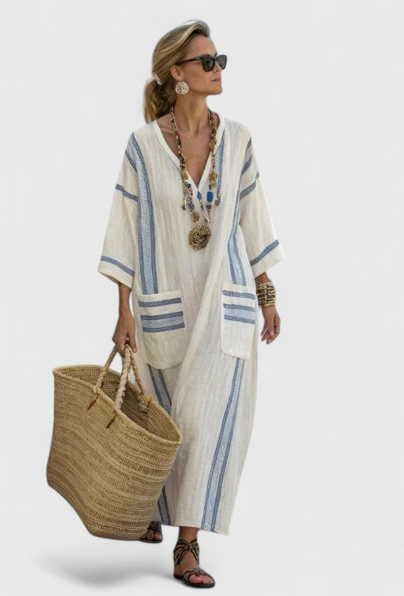 Nicoletta | Women's V-Neck Striped Kaftan Maxi Sundress in Beige D