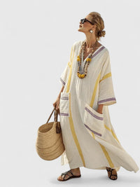 Nicoletta | Women's V-Neck Striped Kaftan Maxi Sundress in Beige E