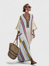 Nicoletta | Women's V-Neck Striped Kaftan Maxi Sundress in White A