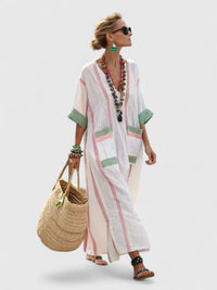 Nicoletta | Women's V-Neck Striped Kaftan Maxi Sundress in White B