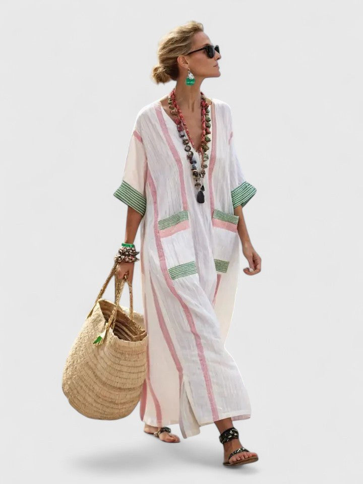 Nicoletta | Women's V-Neck Striped Kaftan Maxi Sundress in White B