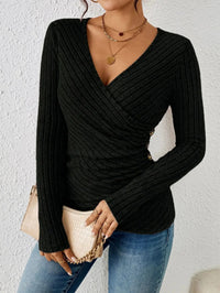 Nina | Women's Wrap V-Neck Rib Texture Top in Black