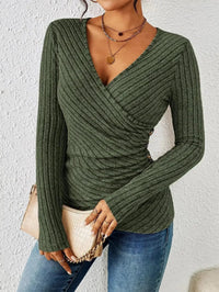 Nina | Women's Wrap V-Neck Rib Texture Top in Green