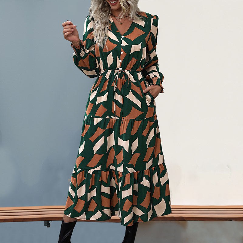 Noeline | Women's Tie Belt Voluminous Belted Maxi Dress in Green