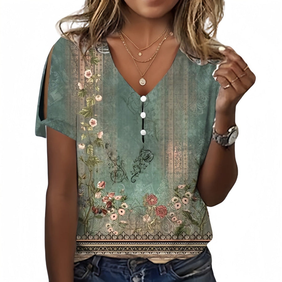 Nola | Women's Button Detail Short Sleeve Floral Blouse in Light Green
