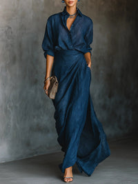 Nora | Women's Button-Front Skirt 2 Piece Set in Dark Blue