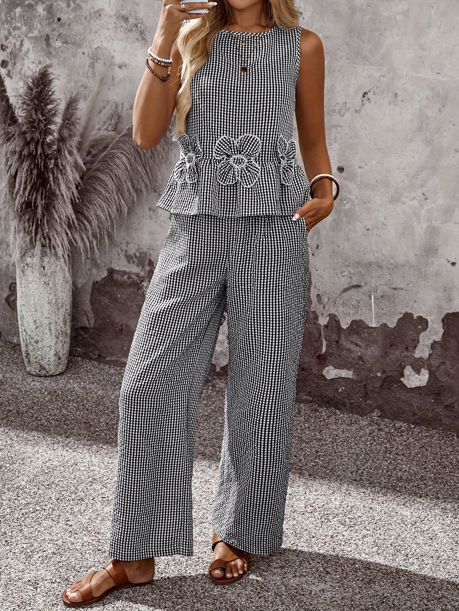 Norah | Women's Embroidered Wide-Leg 2 Piece Set in Black & White