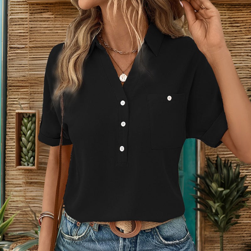 Norah | Women's V-Neck Short Sleeve Fashionable Blouse in Black