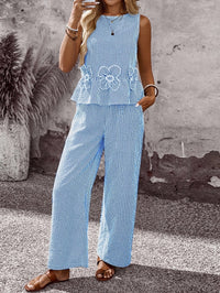Norah | Women's Embroidered Wide-Leg 2 Piece Set in Blue