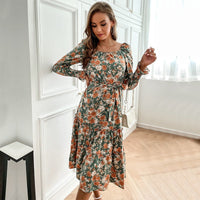 Norbertine | Women's Belted Floral Elegant Maxi Dress in Green
