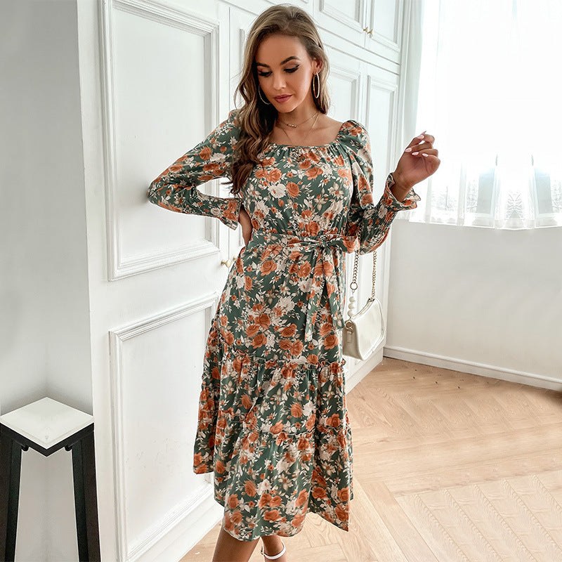 Norbertine | Women's Belted Floral Elegant Maxi Dress in Green