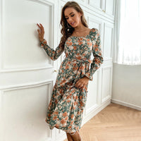 Norbertine | Women's Belted Floral Elegant Maxi Dress in Green
