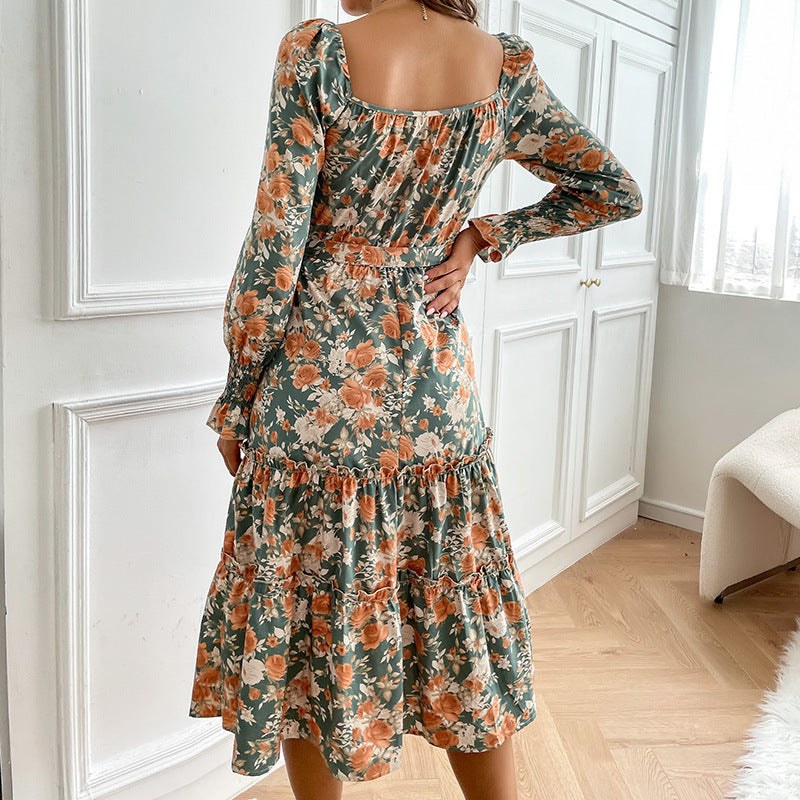Norbertine | Women's Belted Floral Elegant Maxi Dress in Green