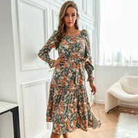 Norbertine | Women's Belted Floral Elegant Maxi Dress in Green