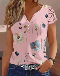 Norma | Women's Short Sleeve Lace Floral Blouse in Pink
