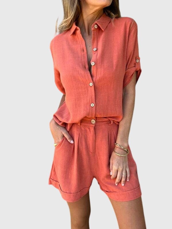 Norma | Women's Short Sleeve Shorts 2 Piece Set in Red Orange